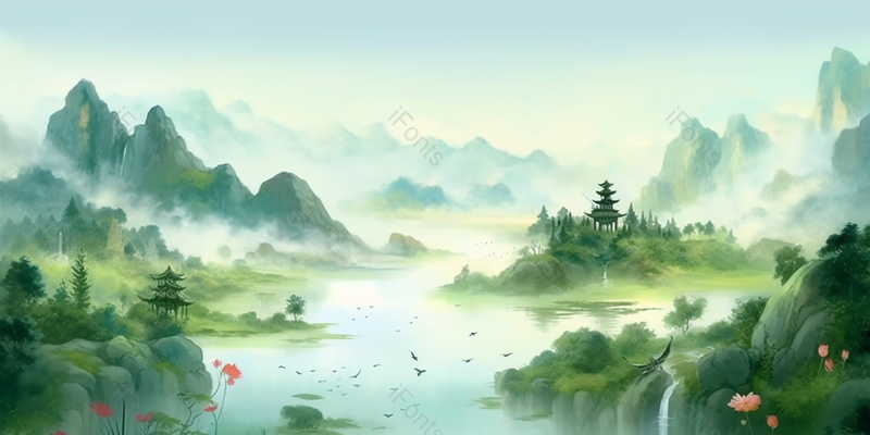 古风山水场景夏季夏日荷花荷叶池塘青山绿水小鸟飞过自然环境唯美背景插画,插画/手绘图,插画/手绘图库,插画/手绘图下载,插画/手绘